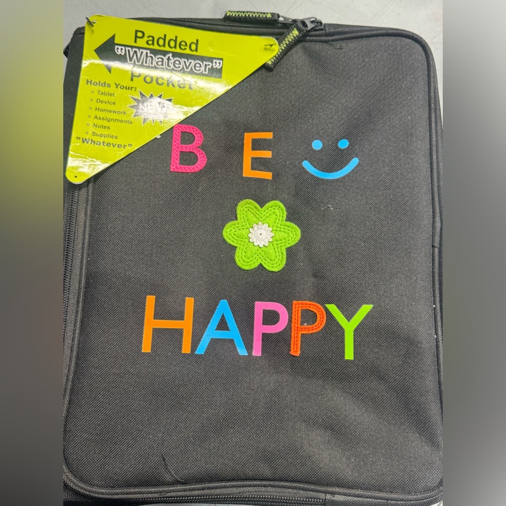 “Be Happy” Organizer 3 Ring Binder Black with Zipper Folder New